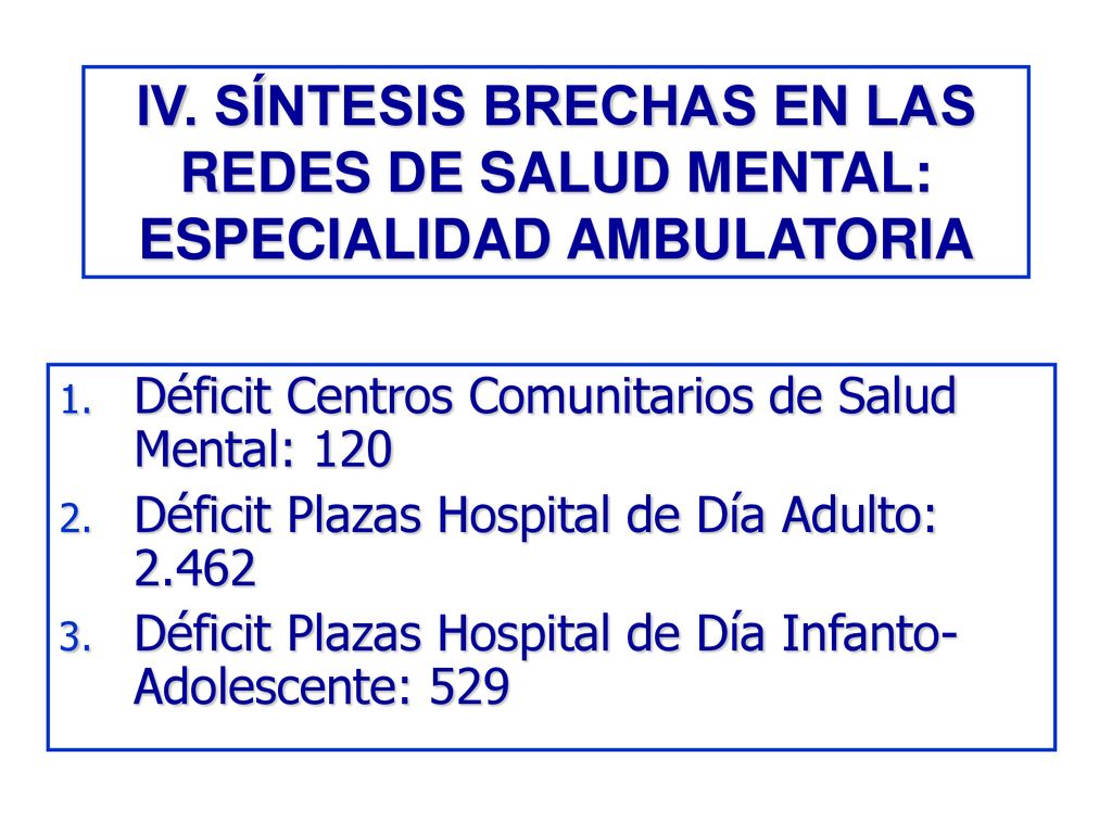 IV. SÍNTESIS BRECHAS EN LAS REDES DE SALUD MENTAL: ESPECIALIDAD AMBULATORIA