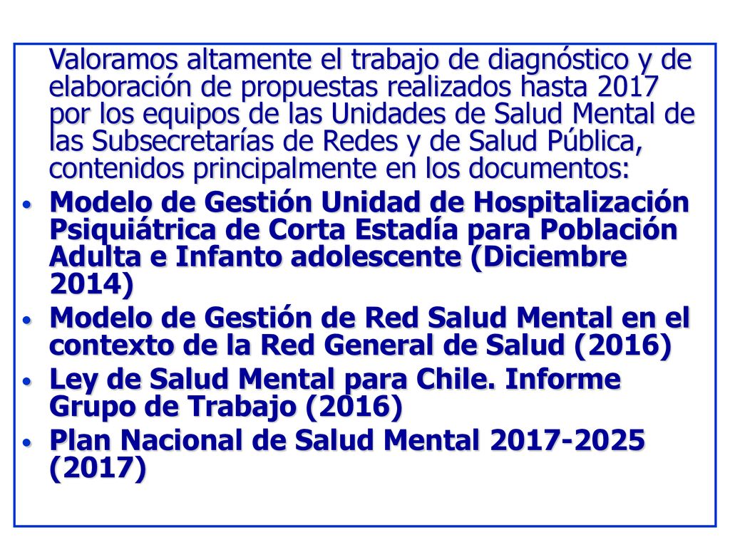 Ley de Salud Mental para Chile. Informe Grupo de Trabajo (2016)