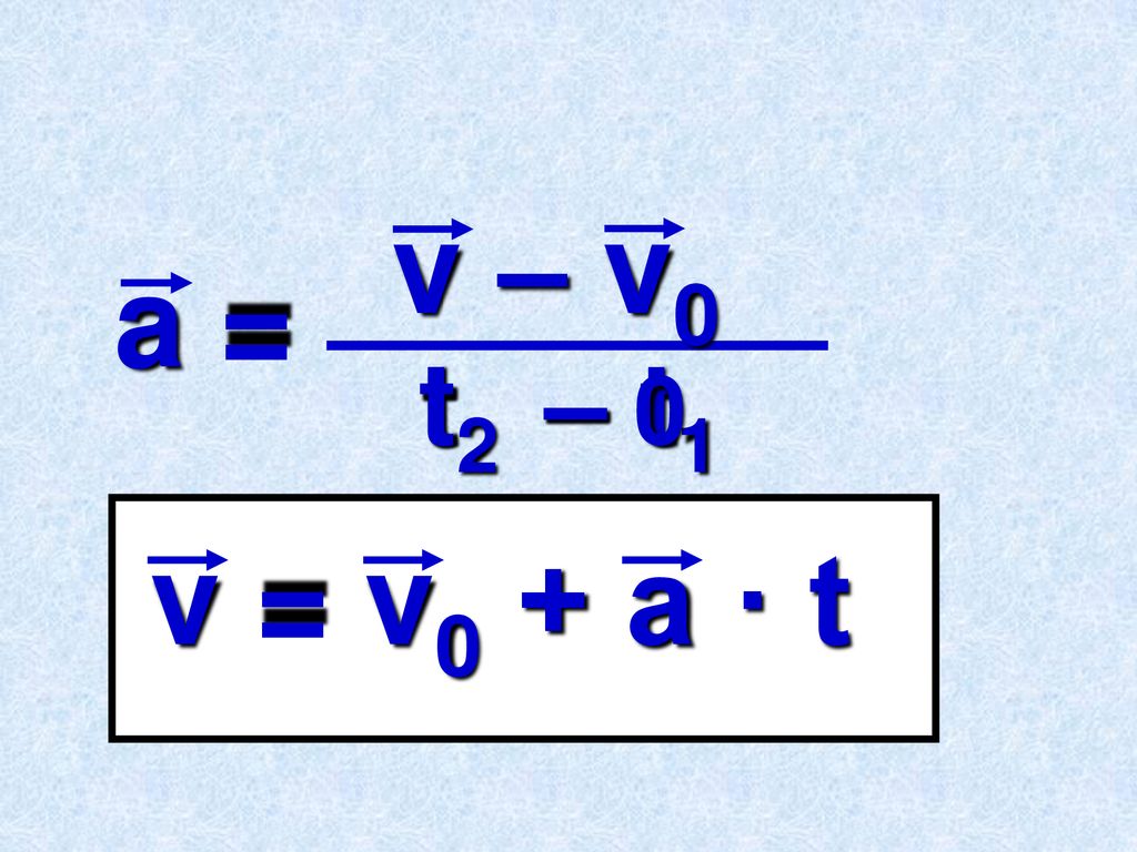 v – v0 a = t2 t – 0 – t1 v = v0 + a · t