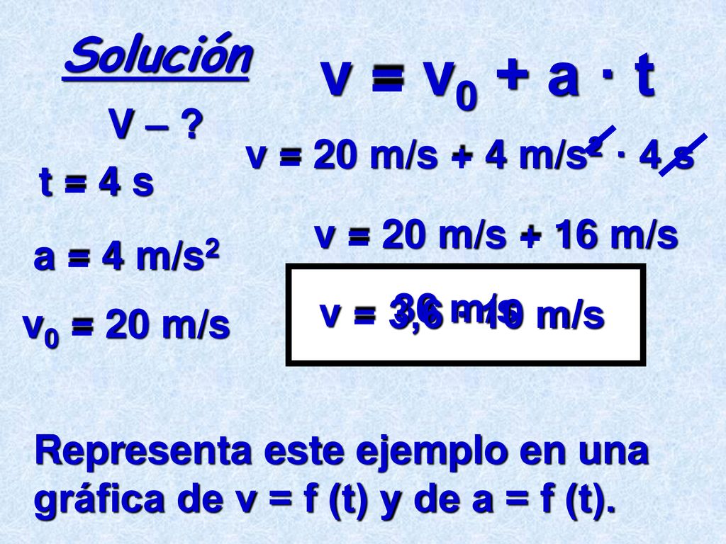 v = v0 + a · t Solución V – v = 20 m/s + 4 m/s2 · 4 s t = 4 s