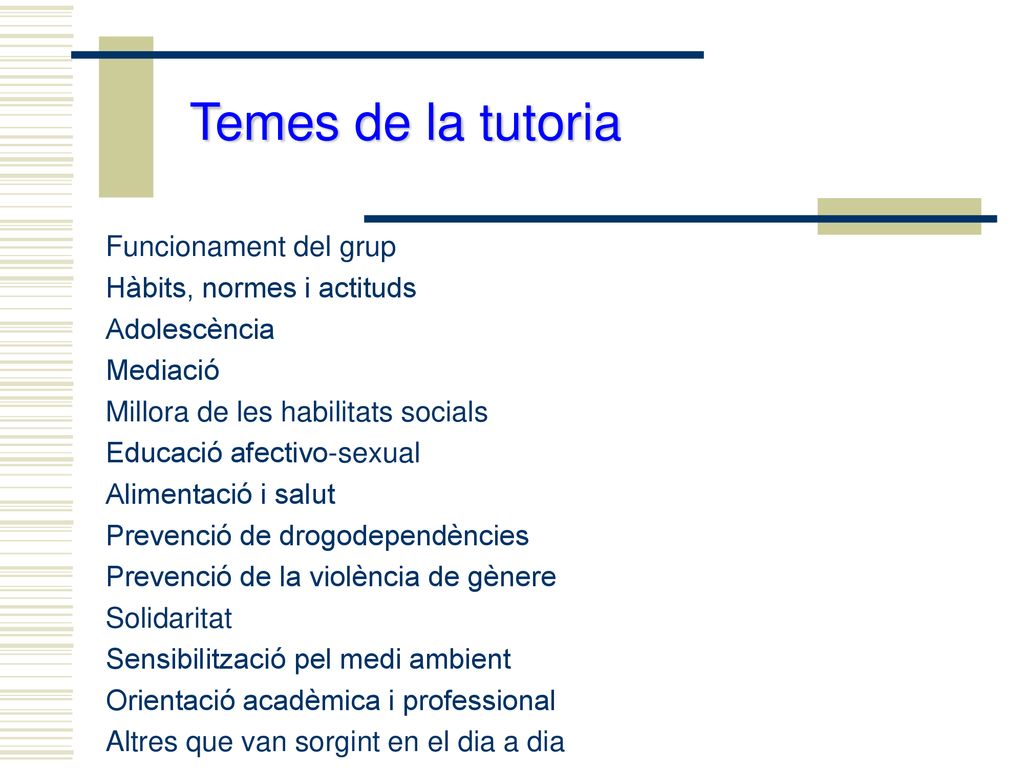 Temes de la tutoria Funcionament del grup Hàbits, normes i actituds