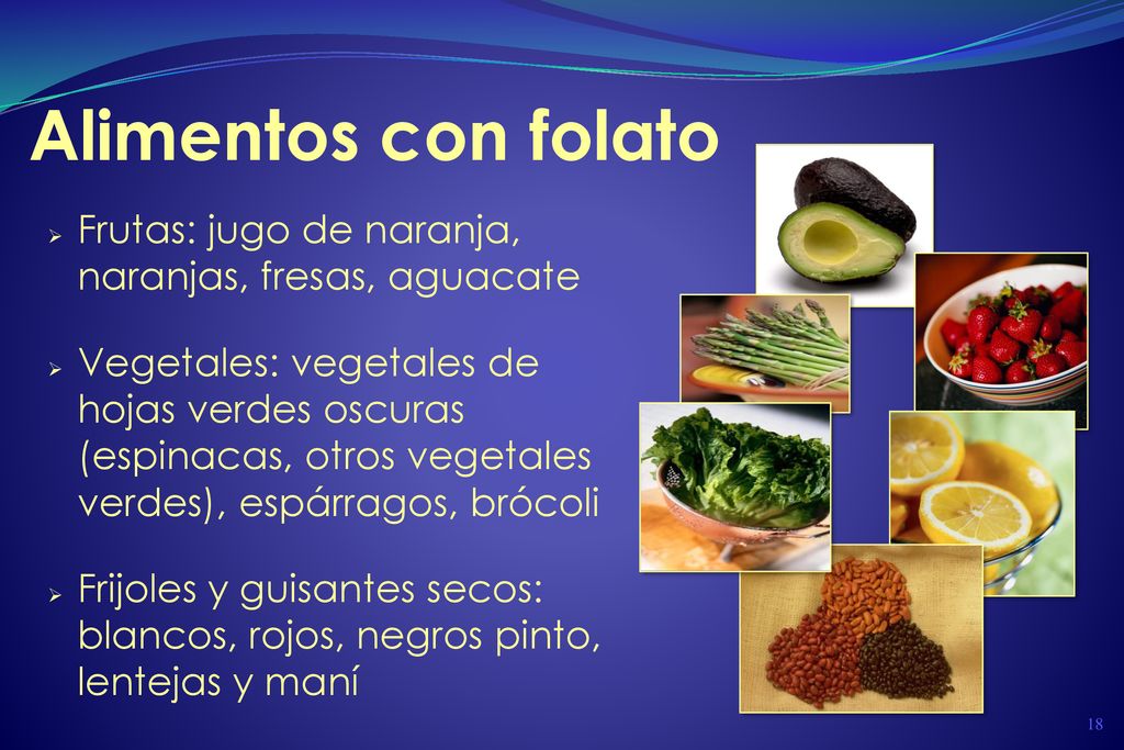 Alimentos con folato Frutas: jugo de naranja, naranjas, fresas, aguacate.