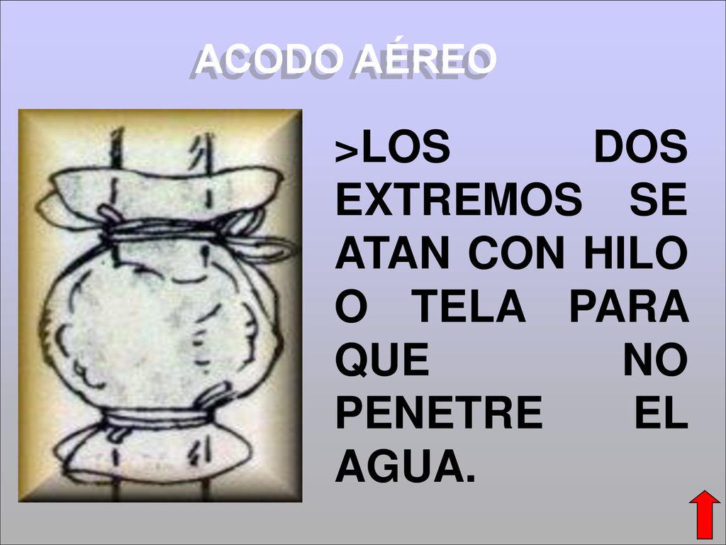 ACODO AÉREO >LOS DOS EXTREMOS SE ATAN CON HILO O TELA PARA QUE NO PENETRE EL AGUA.