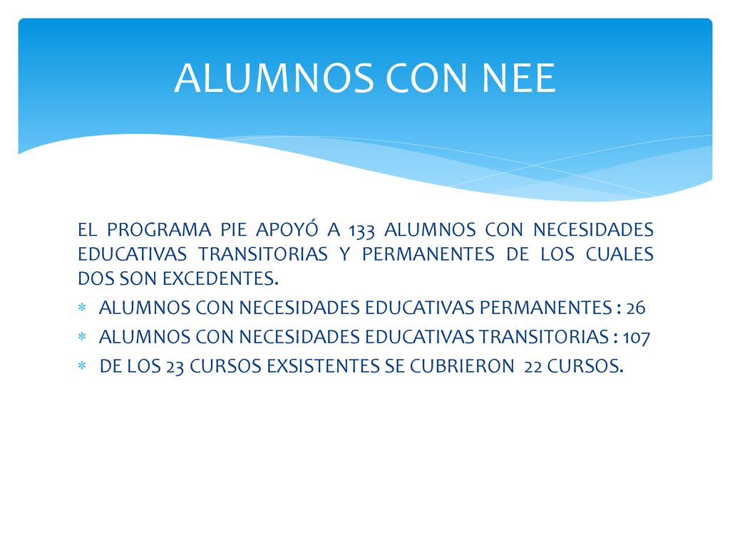 ALUMNOS CON NEE EL PROGRAMA PIE APOYÓ A 133 ALUMNOS CON NECESIDADES EDUCATIVAS TRANSITORIAS Y PERMANENTES DE LOS CUALES DOS SON EXCEDENTES.