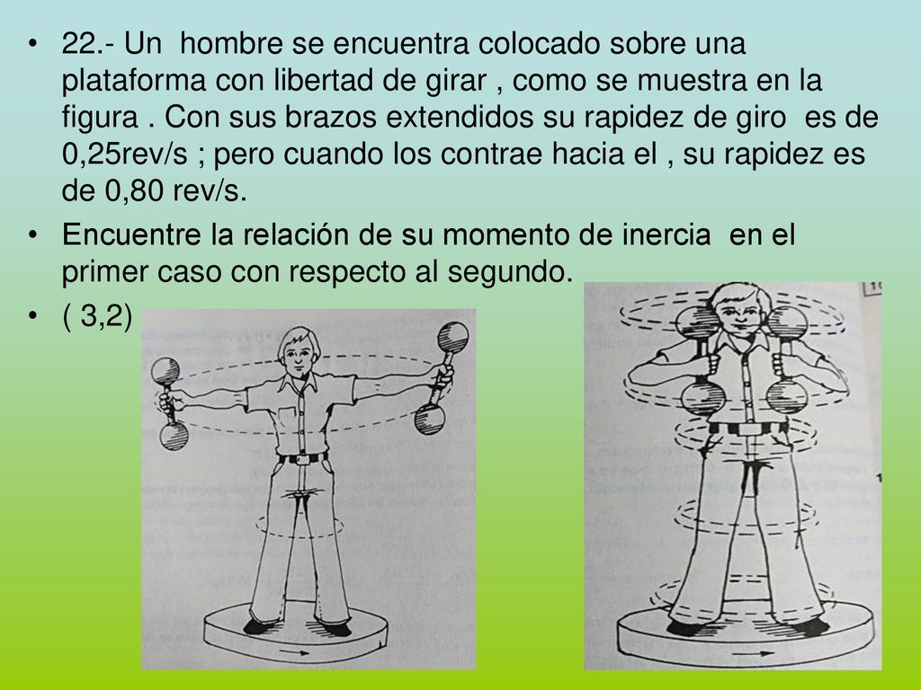 22.- Un hombre se encuentra colocado sobre una plataforma con libertad de girar , como se muestra en la figura . Con sus brazos extendidos su rapidez de giro es de 0,25rev/s ; pero cuando los contrae hacia el , su rapidez es de 0,80 rev/s.