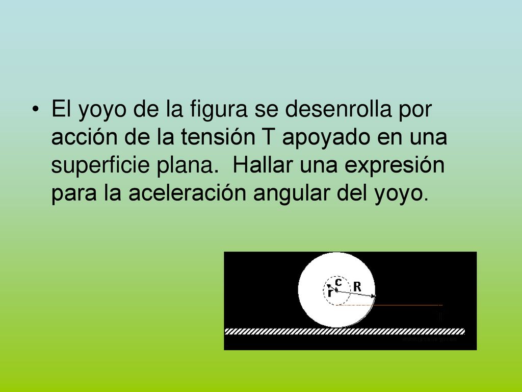 El yoyo de la figura se desenrolla por acción de la tensión T apoyado en una superficie plana. Hallar una expresión para la aceleración angular del yoyo.