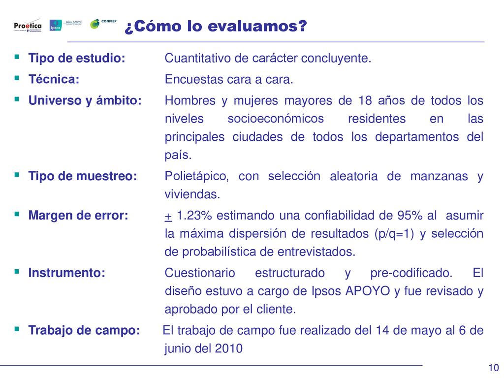 ¿Cómo lo evaluamos Tipo de estudio: Cuantitativo de carácter concluyente. Técnica: Encuestas cara a cara.