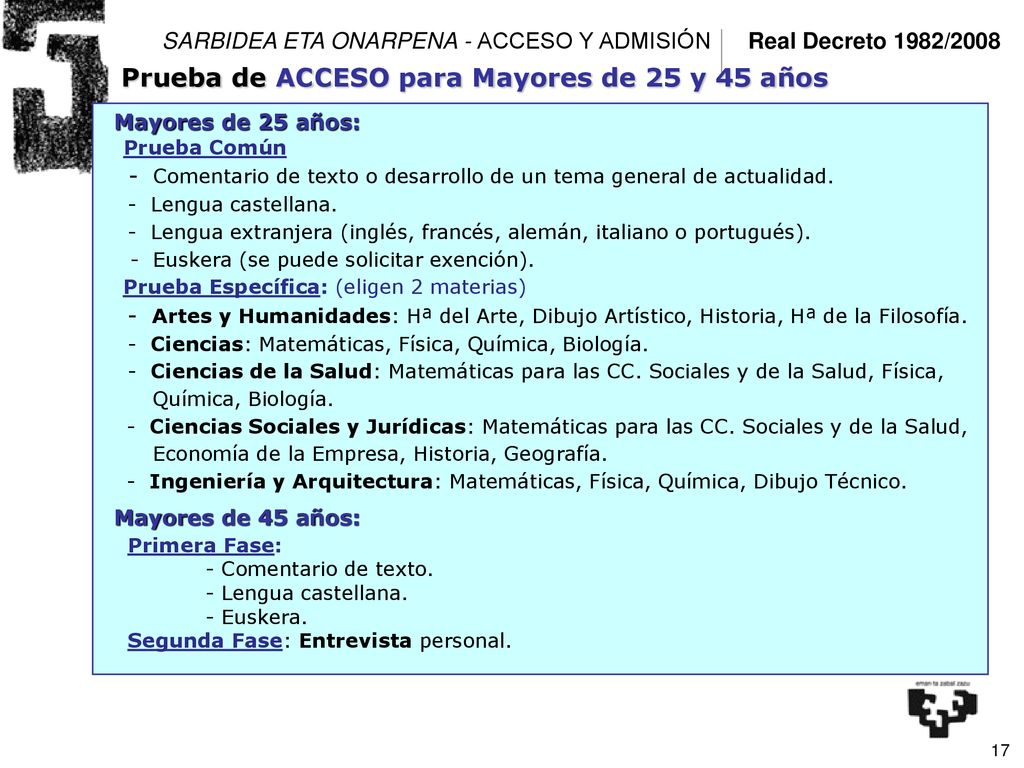 Prueba de ACCESO para Mayores de 25 y 45 años