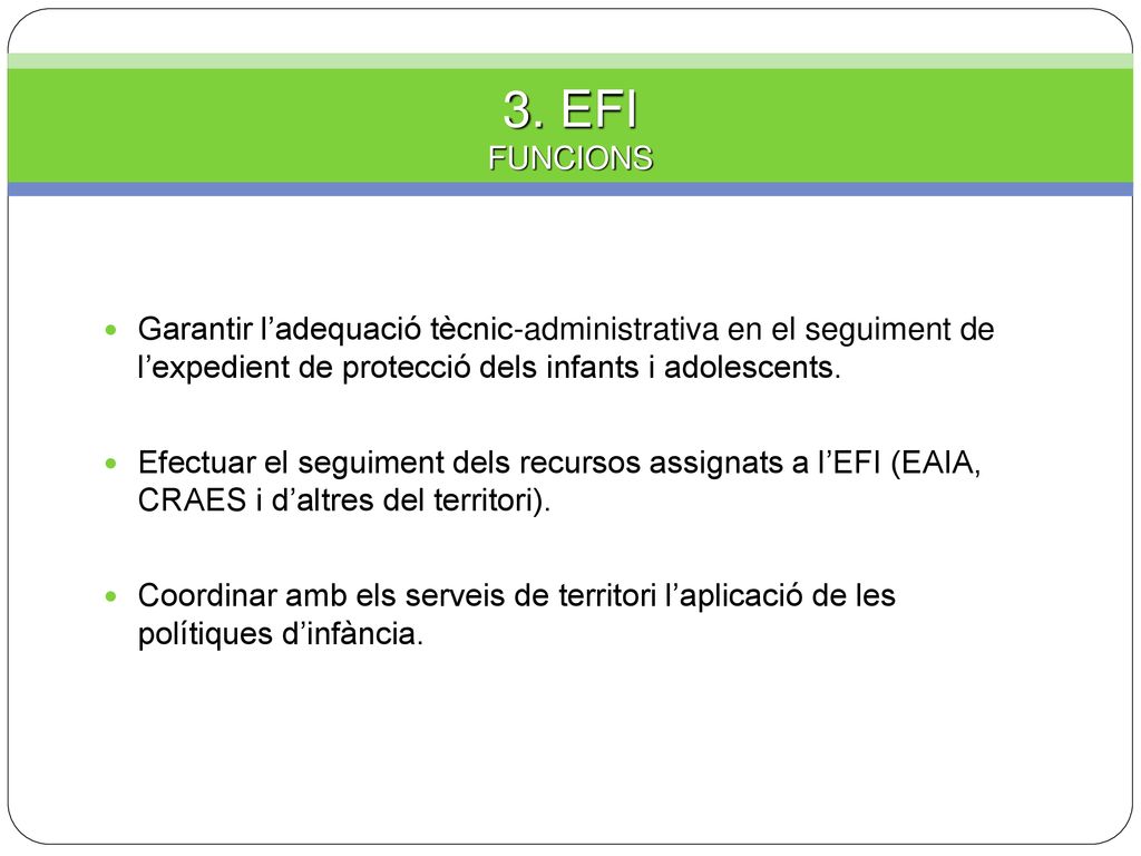 3. EFI FUNCIONS. Garantir l’adequació tècnic-administrativa en el seguiment de l’expedient de protecció dels infants i adolescents.