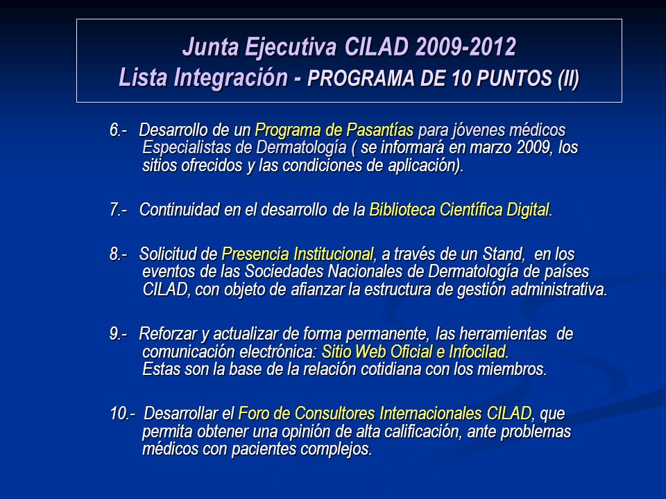 Junta Ejecutiva CILAD Lista Integración - PROGRAMA DE 10 PUNTOS (II)