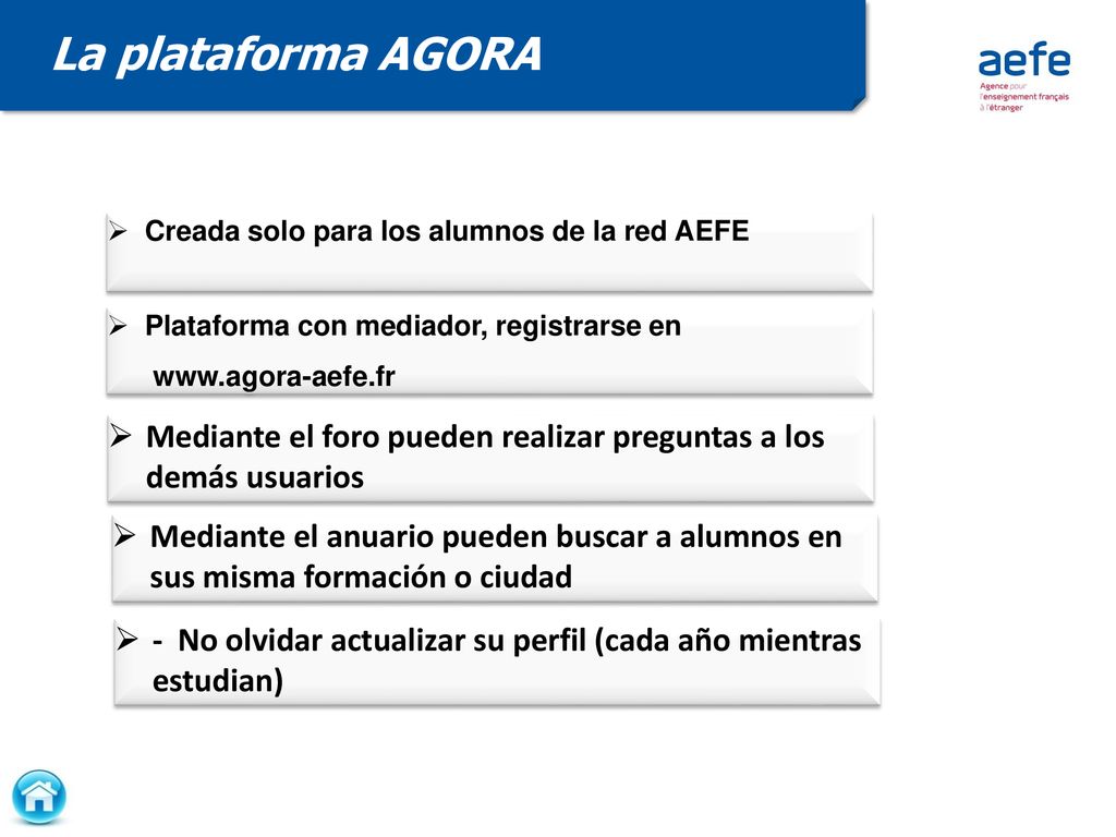 La plataforma AGORA Creada solo para los alumnos de la red AEFE. Plataforma con mediador, registrarse en.
