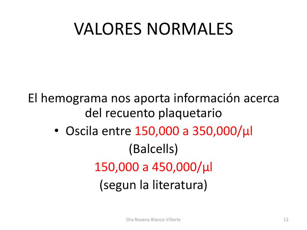 VALORES NORMALES El hemograma nos aporta información acerca del recuento plaquetario. Oscila entre 150,000 a 350,000/µl.