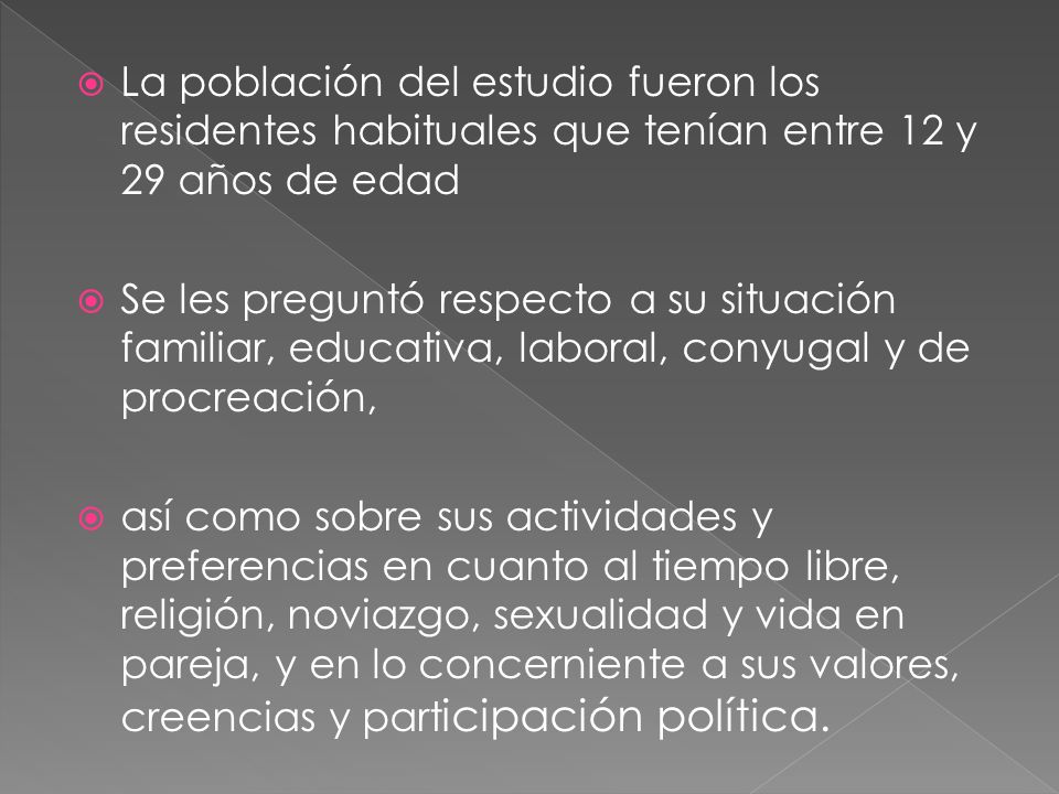 La población del estudio fueron los residentes habituales que tenían entre 12 y 29 años de edad
