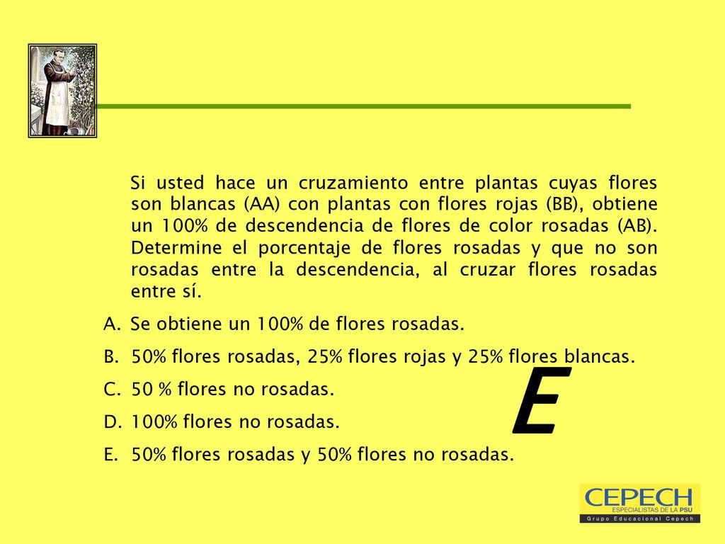 Si usted hace un cruzamiento entre plantas cuyas flores son blancas (AA) con plantas con flores rojas (BB), obtiene un 100% de descendencia de flores de color rosadas (AB). Determine el porcentaje de flores rosadas y que no son rosadas entre la descendencia, al cruzar flores rosadas entre sí.