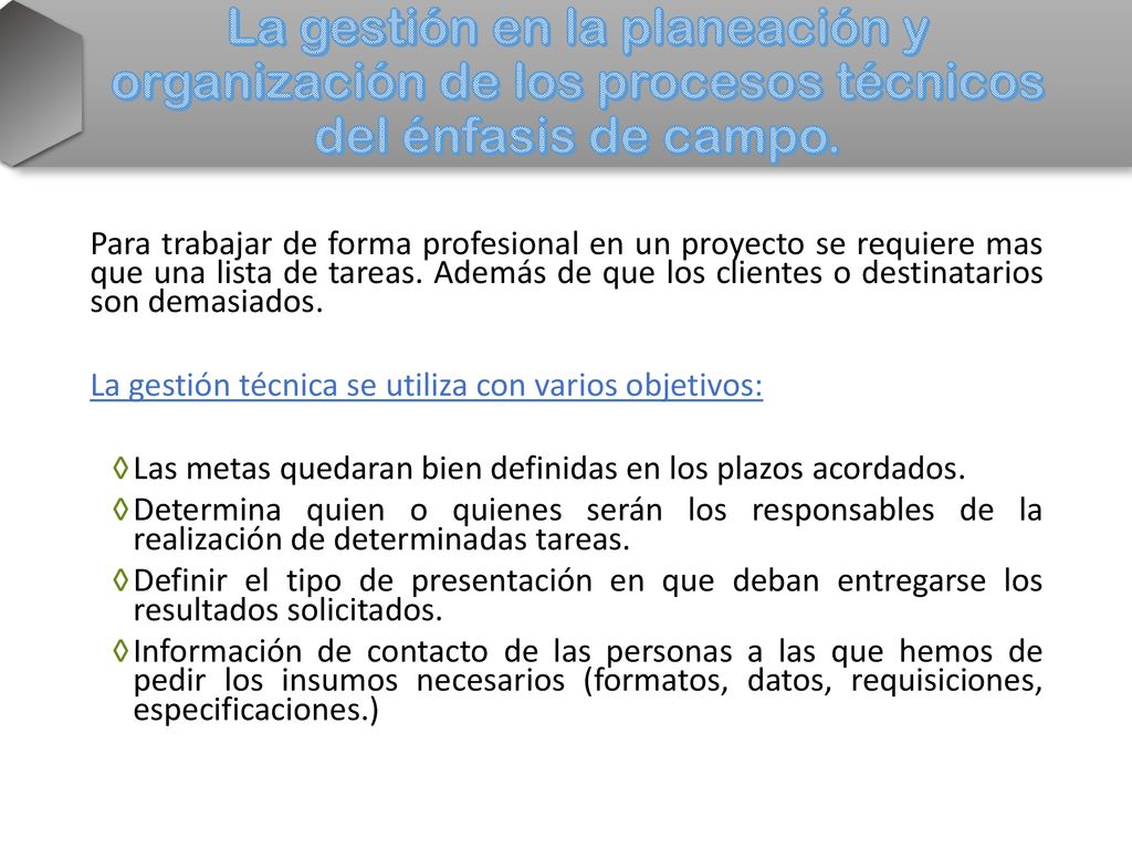 La gestión en la planeación y organización de los procesos técnicos del énfasis de campo.