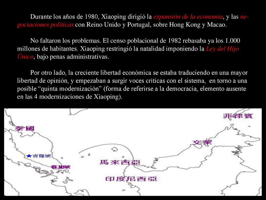 Durante los años de 1980, Xiaoping dirigió la expansión de la economía, y las ne-gociaciones políticas con Reino Unido y Portugal, sobre Hong Kong y Macao.
