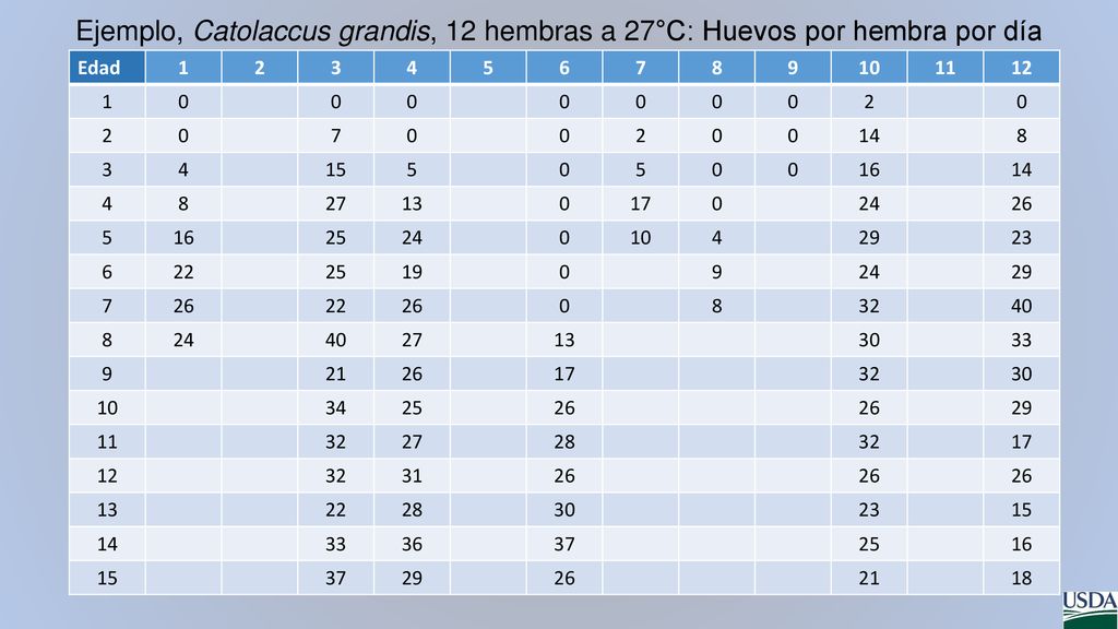 Ejemplo, Catolaccus grandis, 12 hembras a 27°C: Huevos por hembra por día