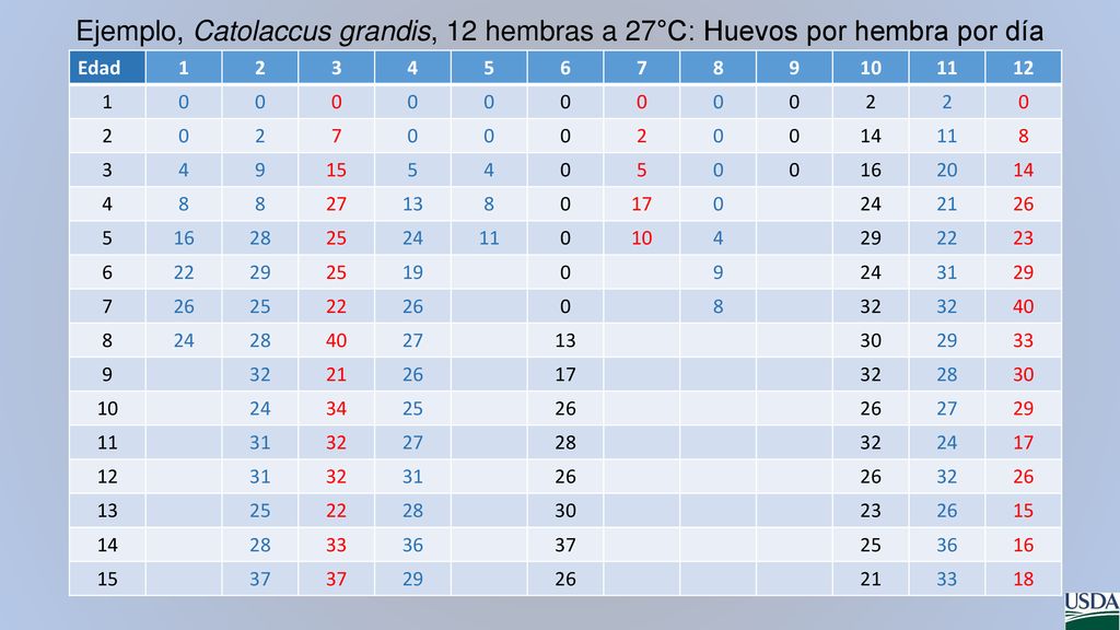 Ejemplo, Catolaccus grandis, 12 hembras a 27°C: Huevos por hembra por día