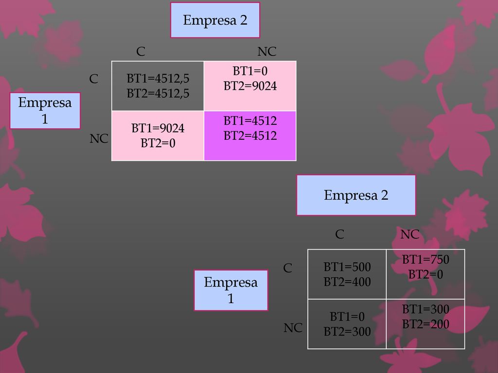 Empresa 2 Empresa 1 Empresa 2 Empresa 1 BT1=0 BT1=4512,5 BT2=9024