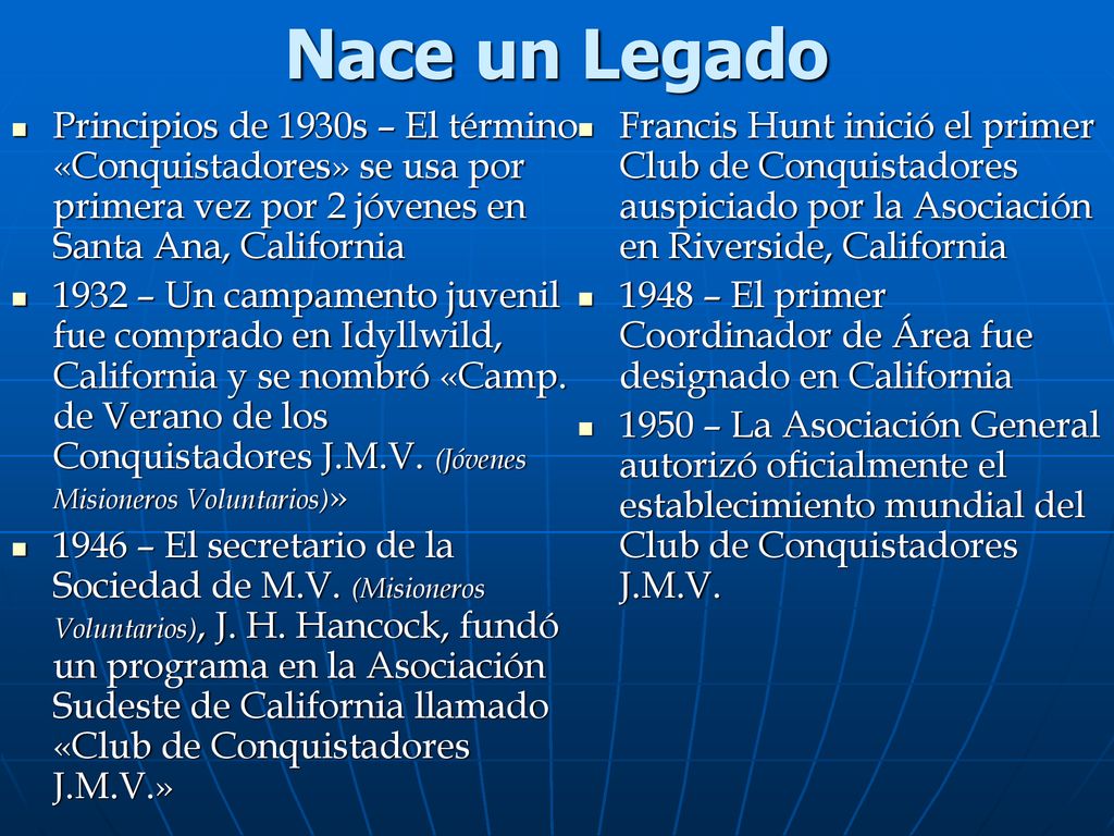 Nace un Legado Principios de 1930s – El término «Conquistadores» se usa por primera vez por 2 jóvenes en Santa Ana, California.