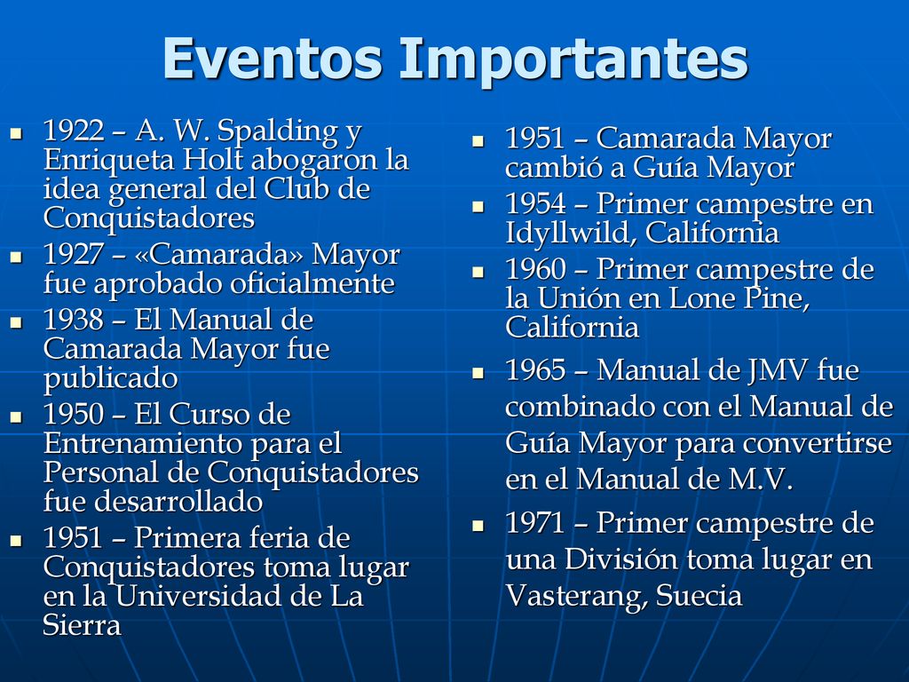 Eventos Importantes 1922 – A. W. Spalding y Enriqueta Holt abogaron la idea general del Club de Conquistadores.
