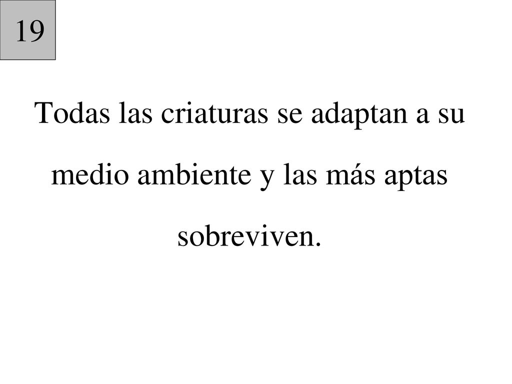19 Todas las criaturas se adaptan a su medio ambiente y las más aptas sobreviven.
