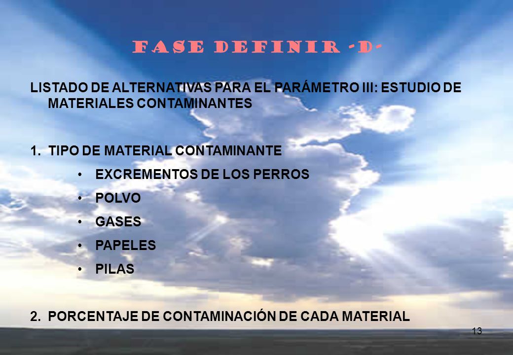 FASE DEFINIR -D- LISTADO DE ALTERNATIVAS PARA EL PARÁMETRO III: ESTUDIO DE MATERIALES CONTAMINANTES.