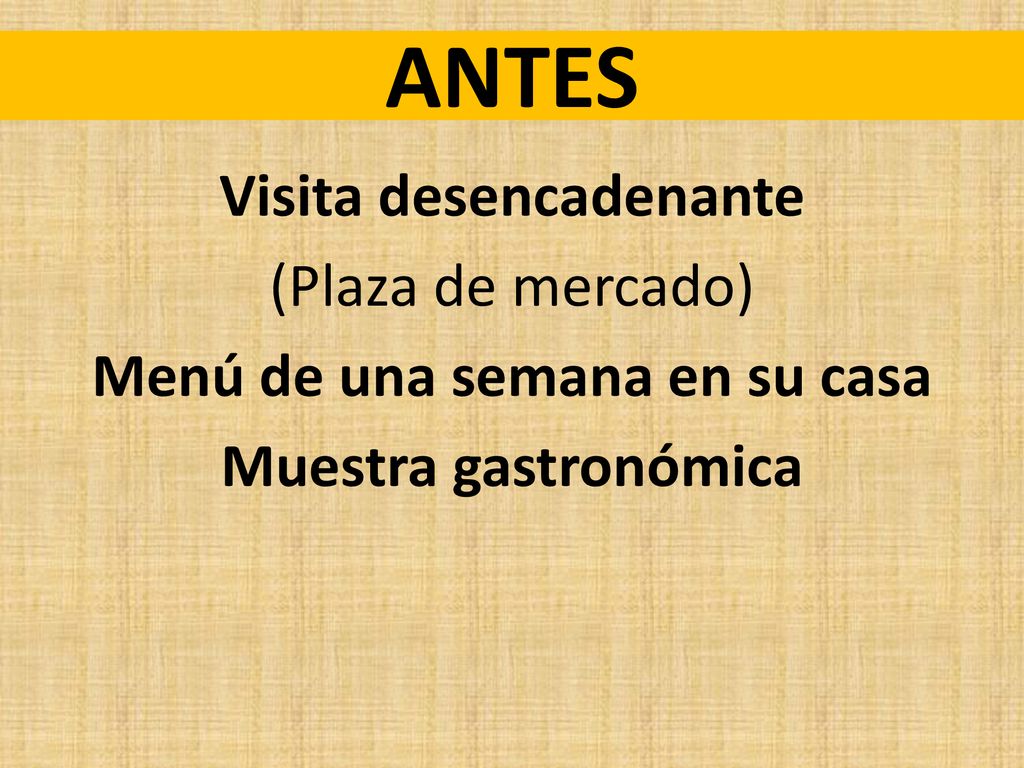 ANTES Visita desencadenante (Plaza de mercado) Menú de una semana en su casa Muestra gastronómica