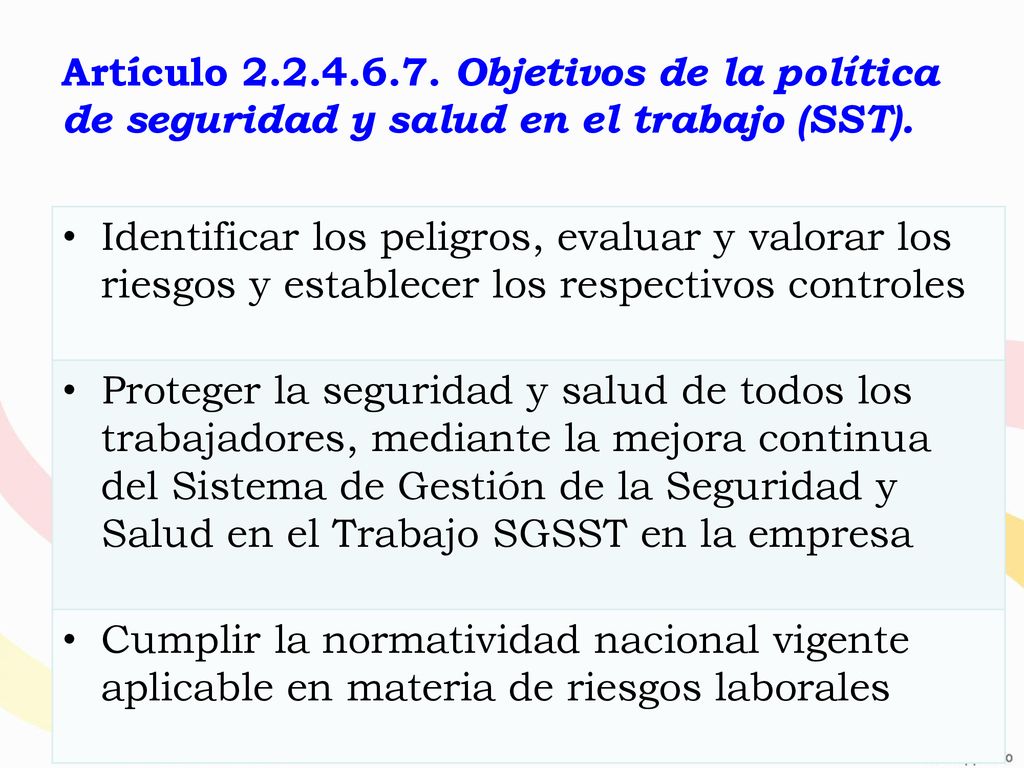 Artículo Objetivos de la política de seguridad y salud en el trabajo (SST).