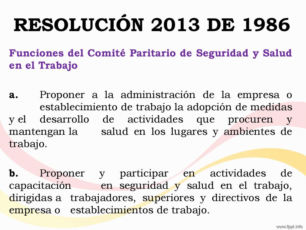 RESOLUCIÓN 2013 DE 1986 Funciones del Comité Paritario de Seguridad y Salud en el Trabajo.