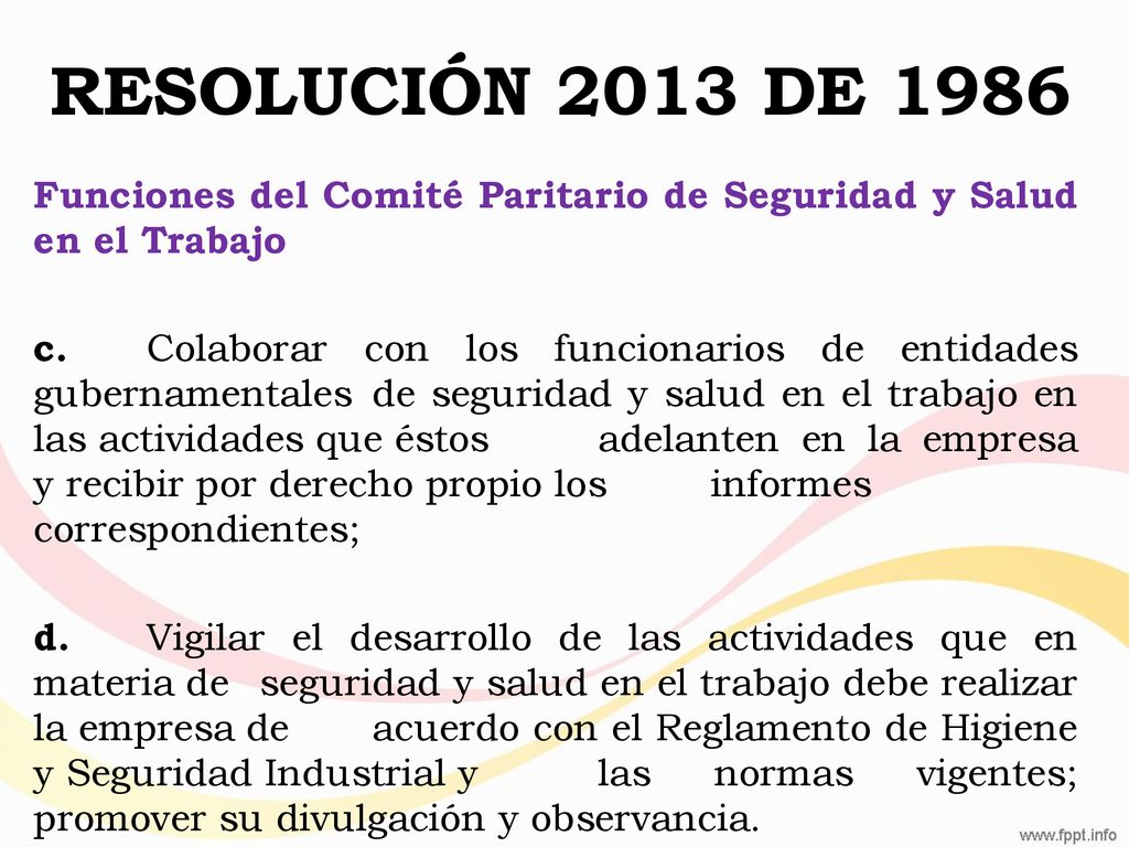 RESOLUCIÓN 2013 DE 1986 Funciones del Comité Paritario de Seguridad y Salud en el Trabajo.