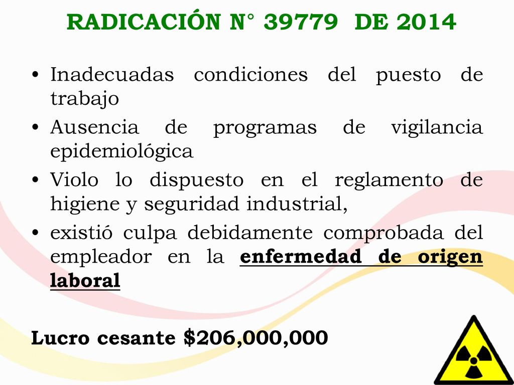RADICACIÓN N° DE 2014 Inadecuadas condiciones del puesto de trabajo. Ausencia de programas de vigilancia epidemiológica.