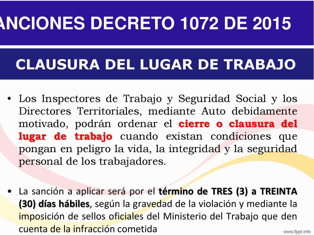 SANCIONES DECRETO 1072 DE 2015 CLAUSURA DEL LUGAR DE TRABAJO