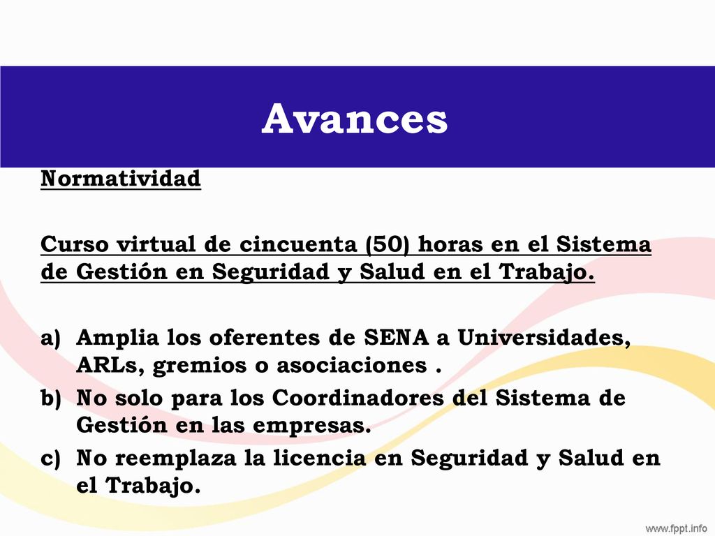 Avances Normatividad. Curso virtual de cincuenta (50) horas en el Sistema de Gestión en Seguridad y Salud en el Trabajo.