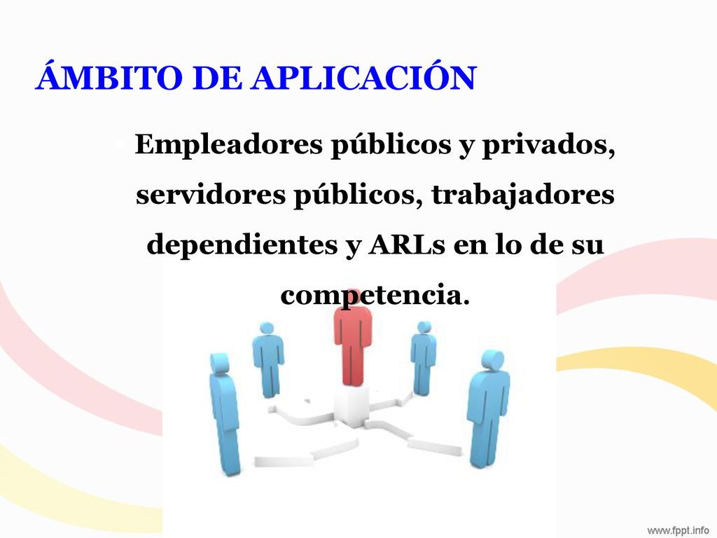 Ámbito de aplicación Empleadores públicos y privados, servidores públicos, trabajadores dependientes y ARLs en lo de su competencia.