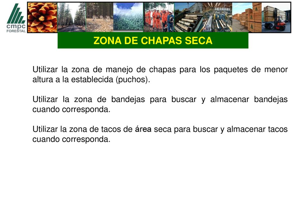 ZONA DE CHAPAS SECA Utilizar la zona de manejo de chapas para los paquetes de menor altura a la establecida (puchos).