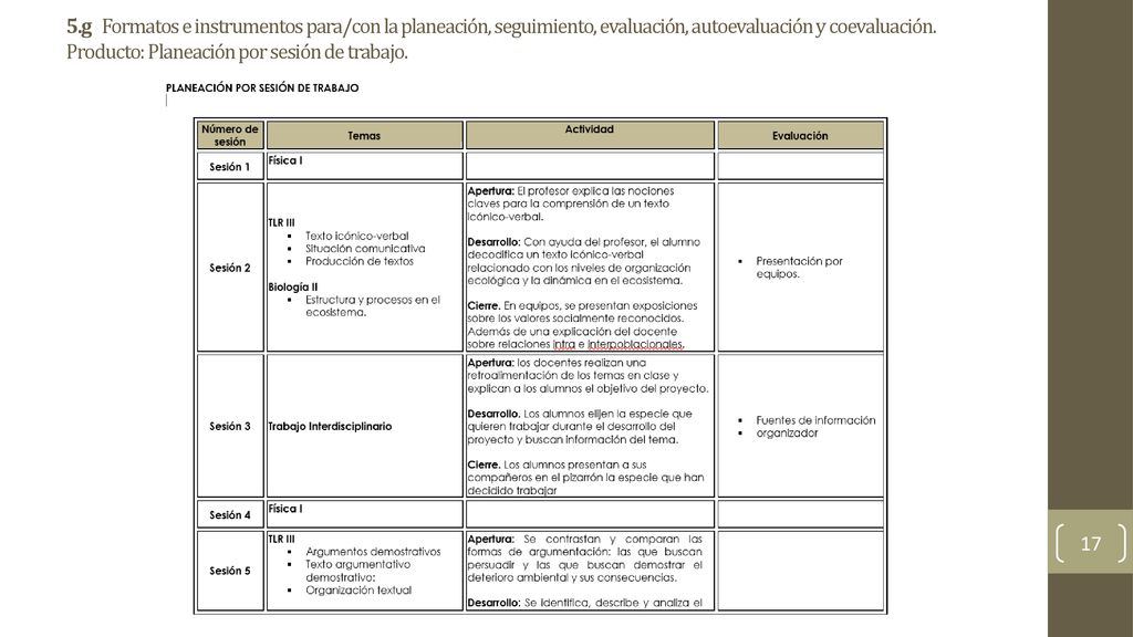 5.g Formatos e instrumentos para/con la planeación, seguimiento, evaluación, autoevaluación y coevaluación.