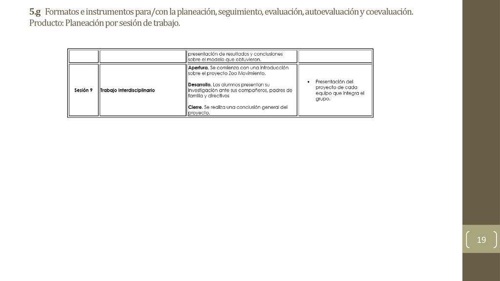 5.g Formatos e instrumentos para/con la planeación, seguimiento, evaluación, autoevaluación y coevaluación.