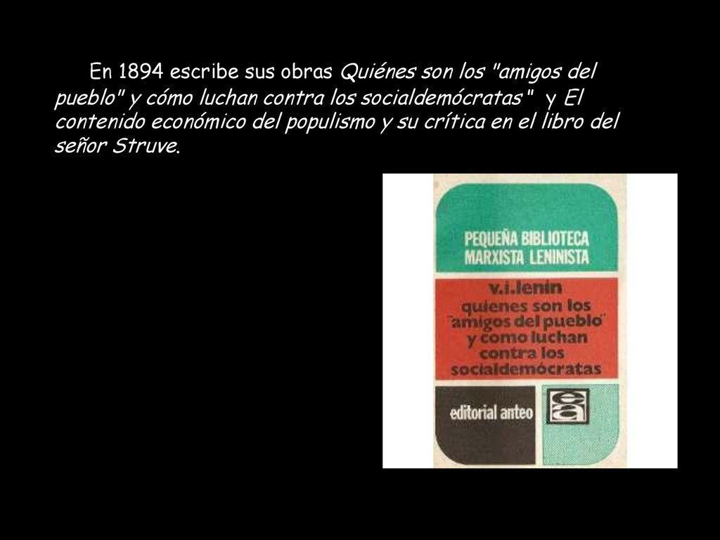 En 1894 escribe sus obras Quiénes son los amigos del pueblo y cómo luchan contra los socialdemócratas y El contenido económico del populismo y su crítica en el libro del señor Struve.