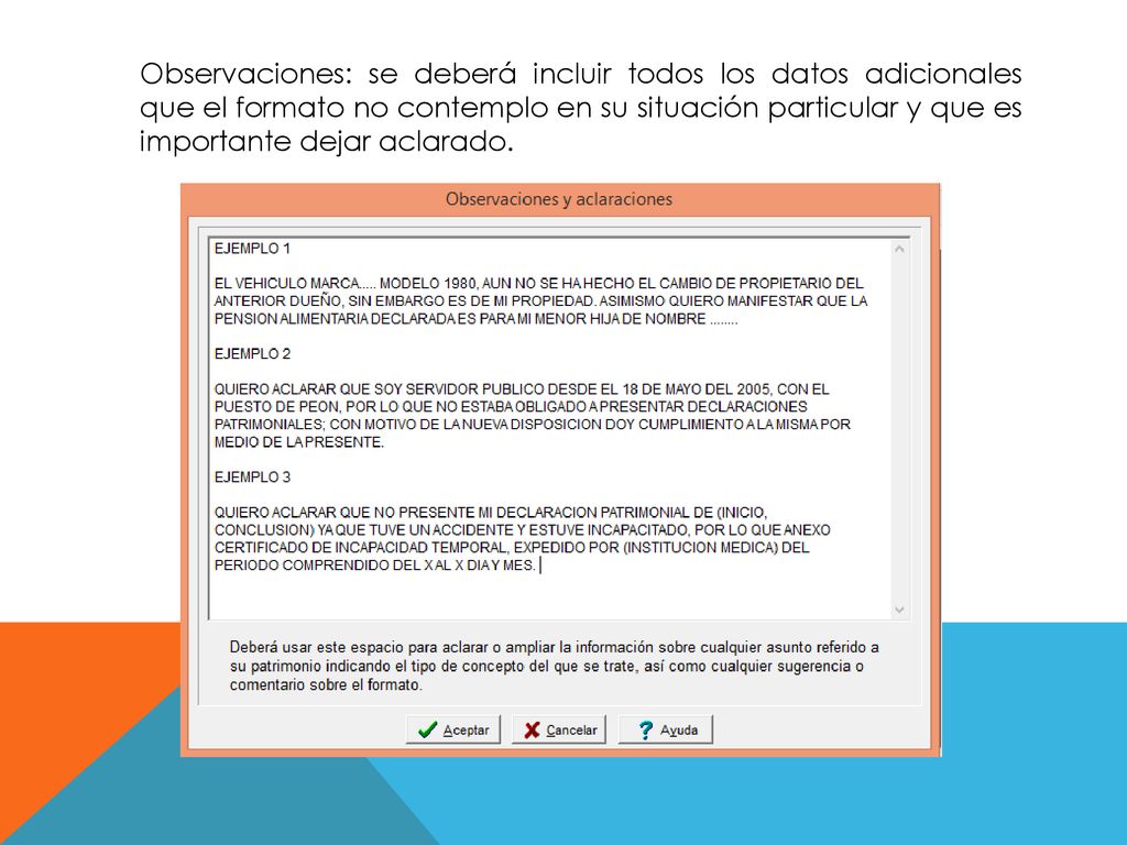 Observaciones: se deberá incluir todos los datos adicionales que el formato no contemplo en su situación particular y que es importante dejar aclarado.
