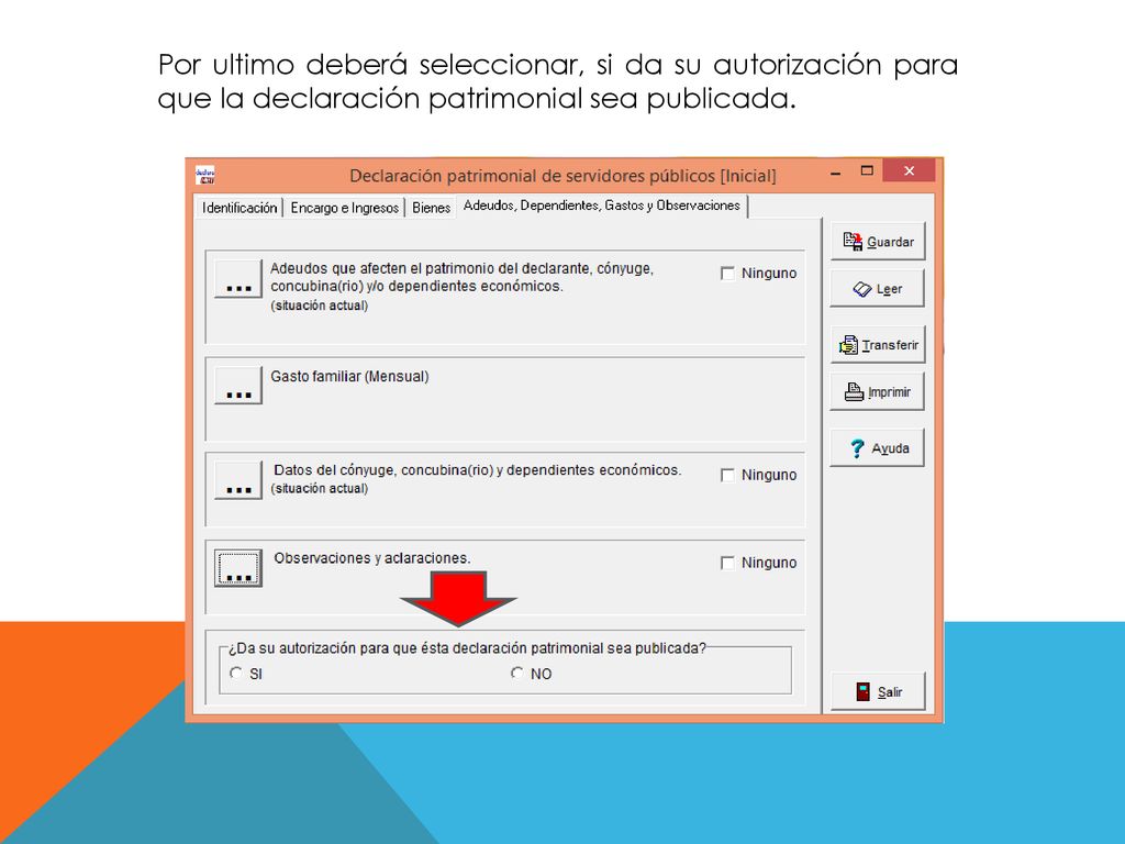 Por ultimo deberá seleccionar, si da su autorización para que la declaración patrimonial sea publicada.