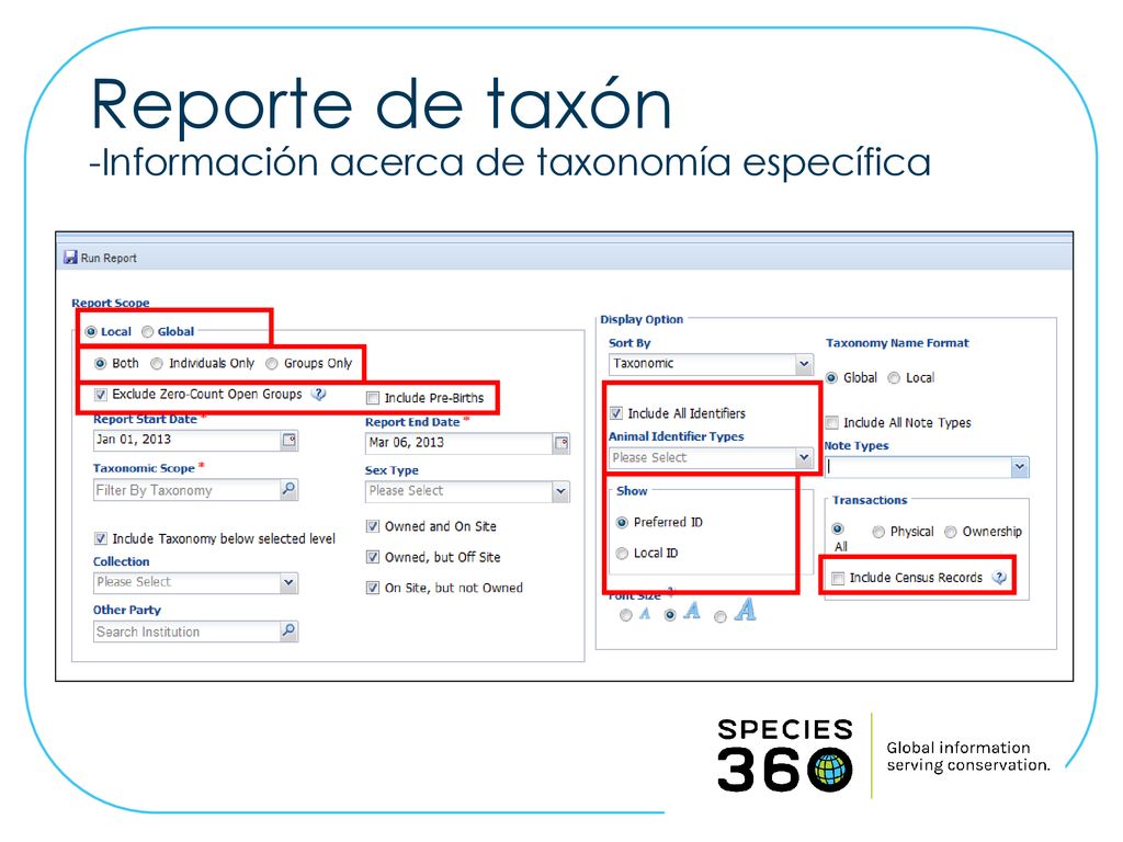 Reporte de taxón -Información acerca de taxonomía específica