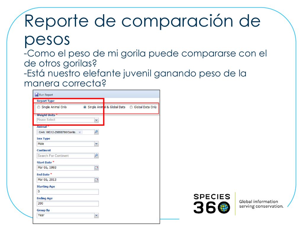 Reporte de comparación de pesos -Como el peso de mi gorila puede compararse con el de otros gorilas -Está nuestro elefante juvenil ganando peso de la manera correcta