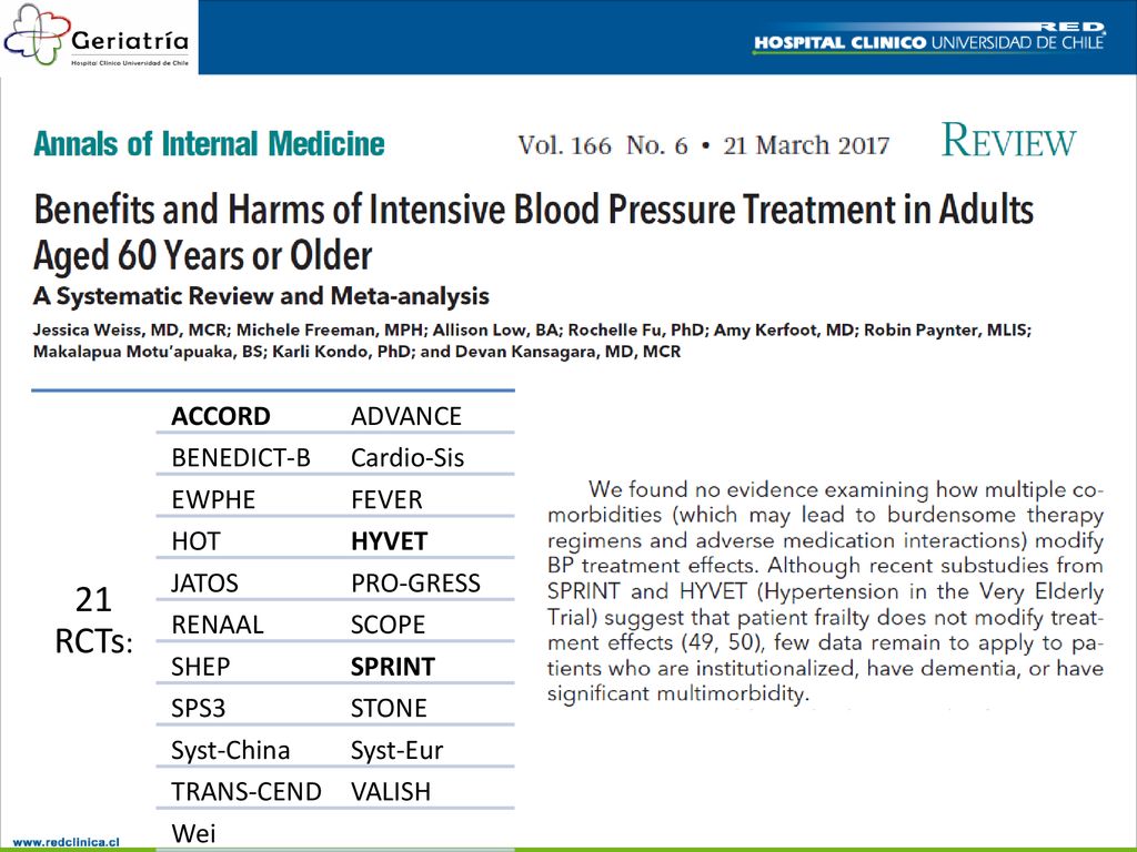 21 RCTs: ACCORD ADVANCE BENEDICT-B Cardio-Sis EWPHE FEVER HOT HYVET