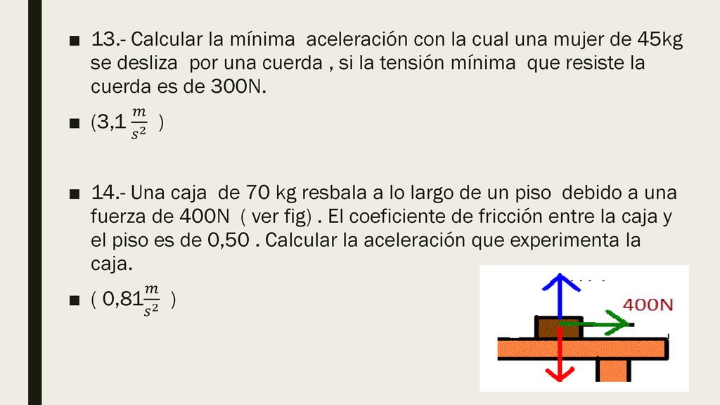 13.- Calcular la mínima aceleración con la cual una mujer de 45kg se desliza por una cuerda , si la tensión mínima que resiste la cuerda es de 300N.