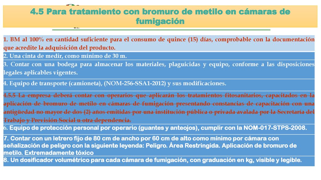 4.5 Para tratamiento con bromuro de metilo en cámaras de fumigación