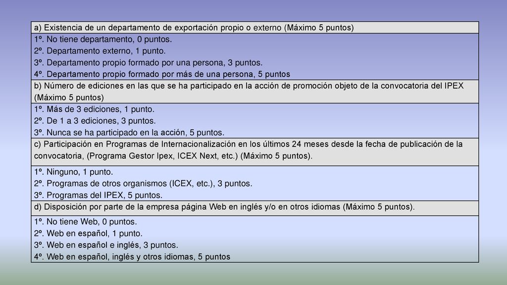 a) Existencia de un departamento de exportación propio o externo (Máximo 5 puntos)