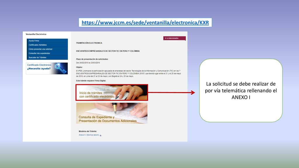 La solicitud se debe realizar de por vía telemática rellenando el ANEXO I.