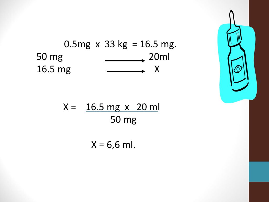 50 mg 20ml 16.5 mg X X = 16.5 mg x 20 ml 50 mg X = 6,6 ml.