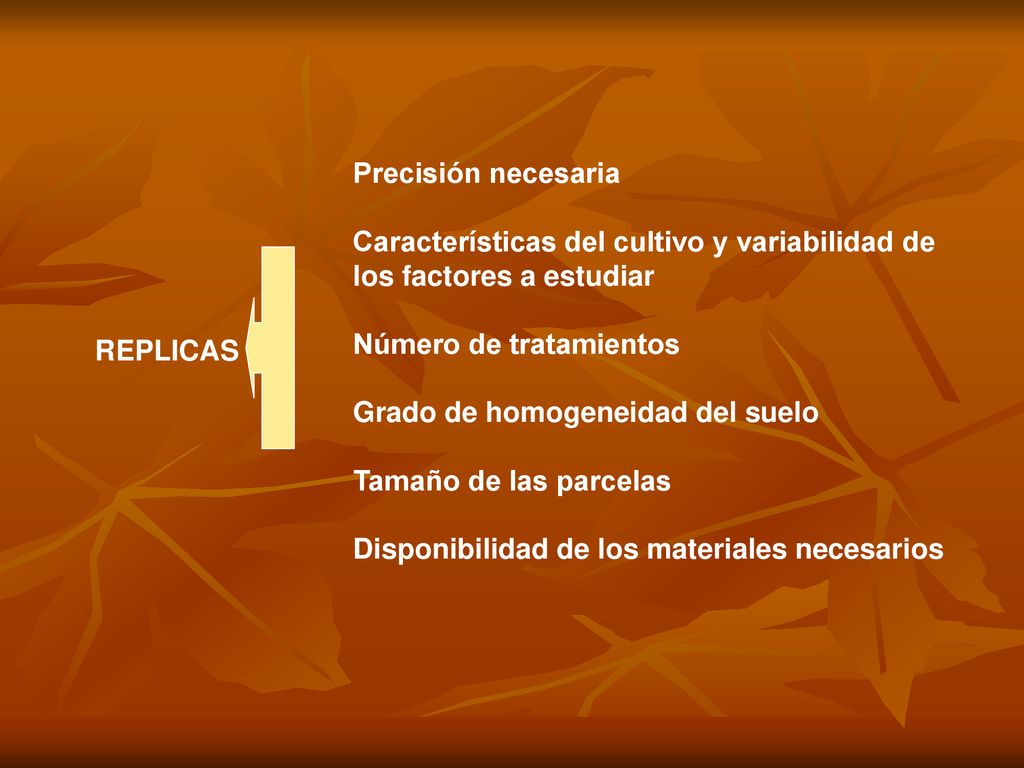 Precisión necesaria Características del cultivo y variabilidad de los factores a estudiar. Número de tratamientos.